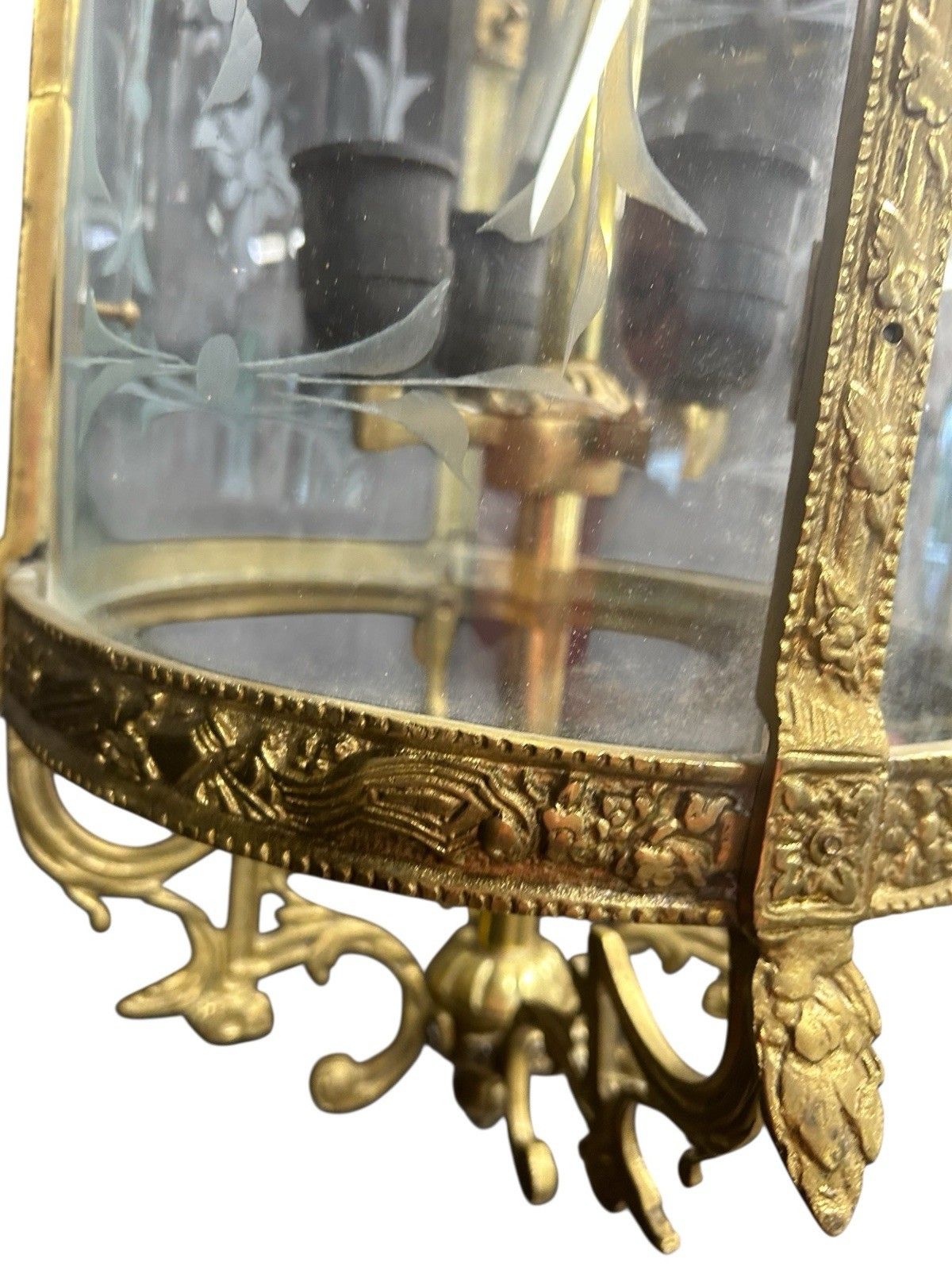 Antique Large Gilt French Lantern Ceiling Lamp Period Ormolu Brass Old Etched photo buy
