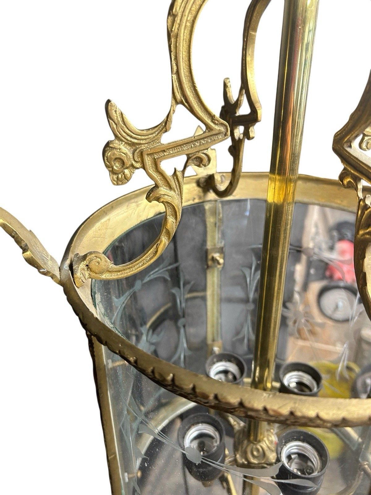 photo for sale Antique Large Gilt French Lantern Ceiling Lamp Period Ormolu Brass Old Etched