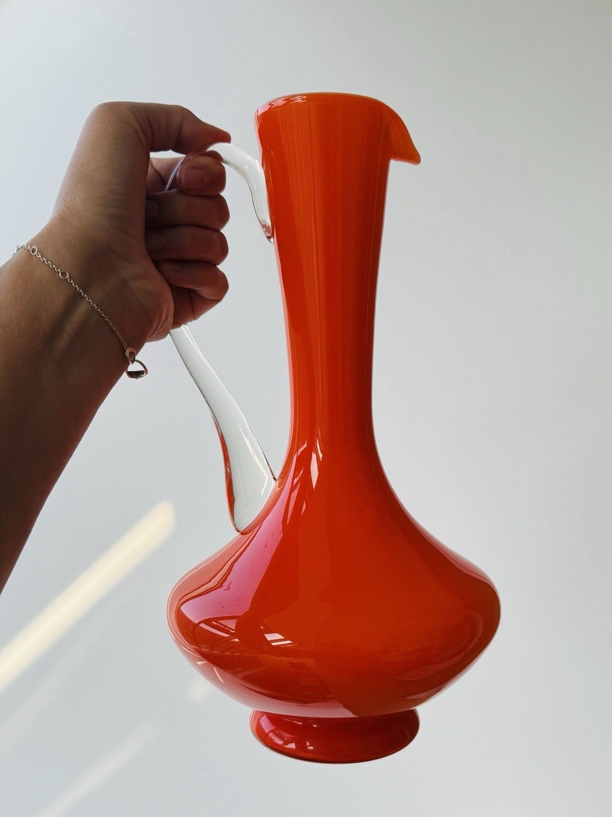 Vintage 1970s Italian Empoli Fiorentina Orange Opaline Glass Jug, Clear Handle