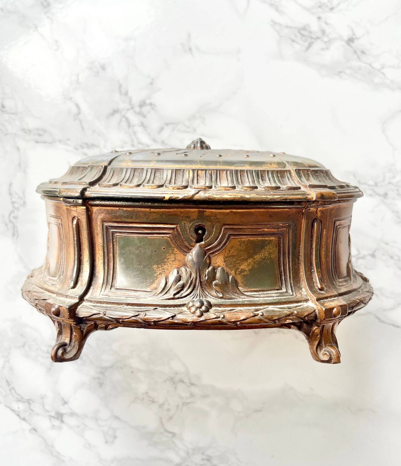 Antique French Large French Jewelry Box Romantic Victorian Metal Chest Boudoir Rare Silk Padded Precious Jewel Box Marie Antoinette Rococo photo for sale