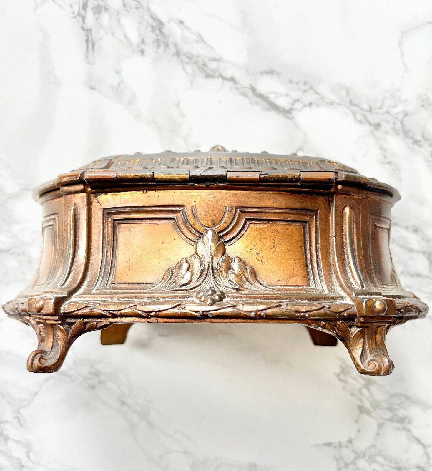 Antique French Large French Jewelry Box Romantic Victorian Metal Chest Boudoir Rare Silk Padded Precious Jewel Box Marie Antoinette Rococo photo 216.0
