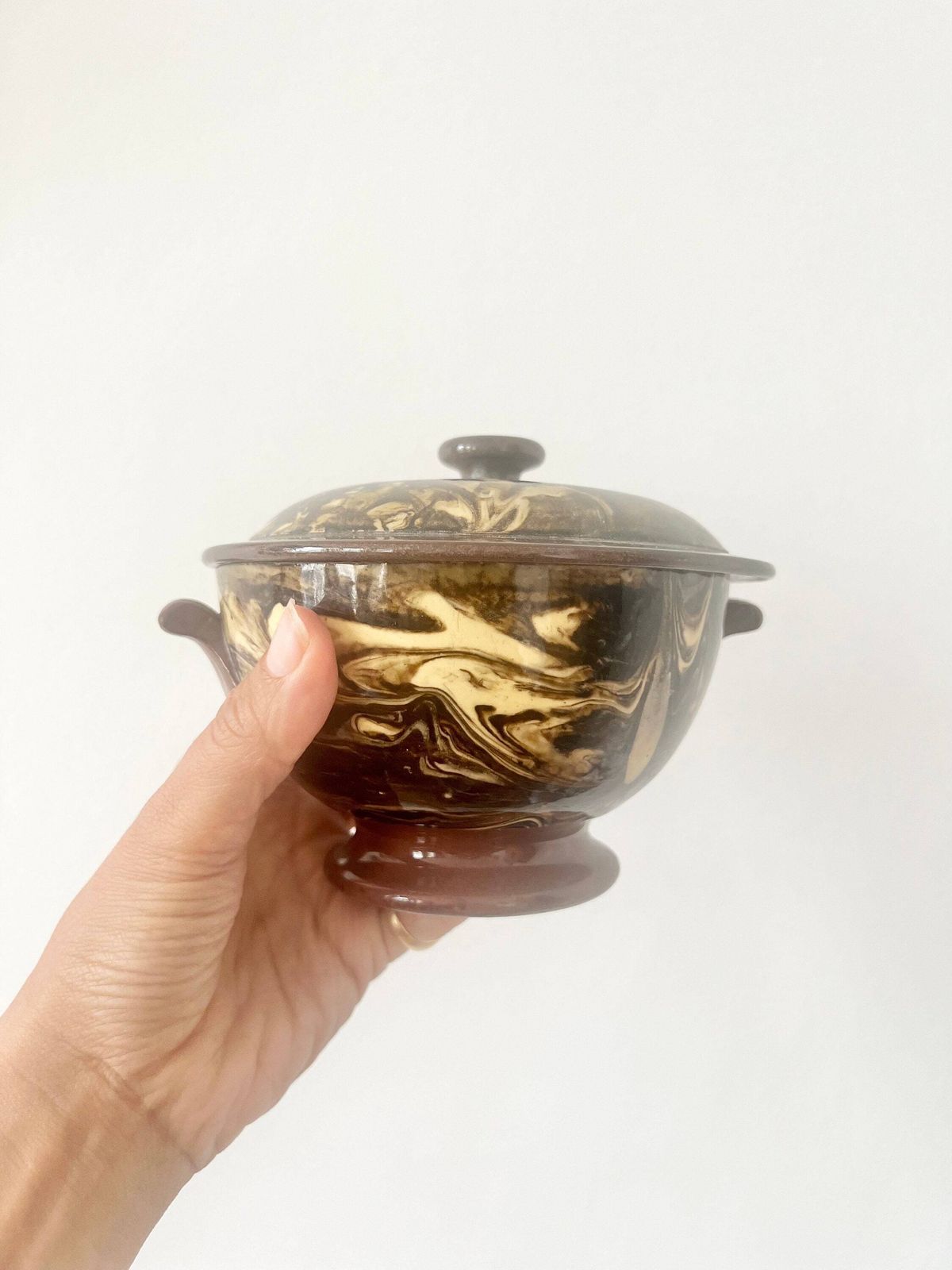 photo for sale Antique Sarreguemines Pottery Lidded Tureen Traditional Soup Bowl Hand Made 1800 South Of France Earthenware Brown Terre Melee Provence