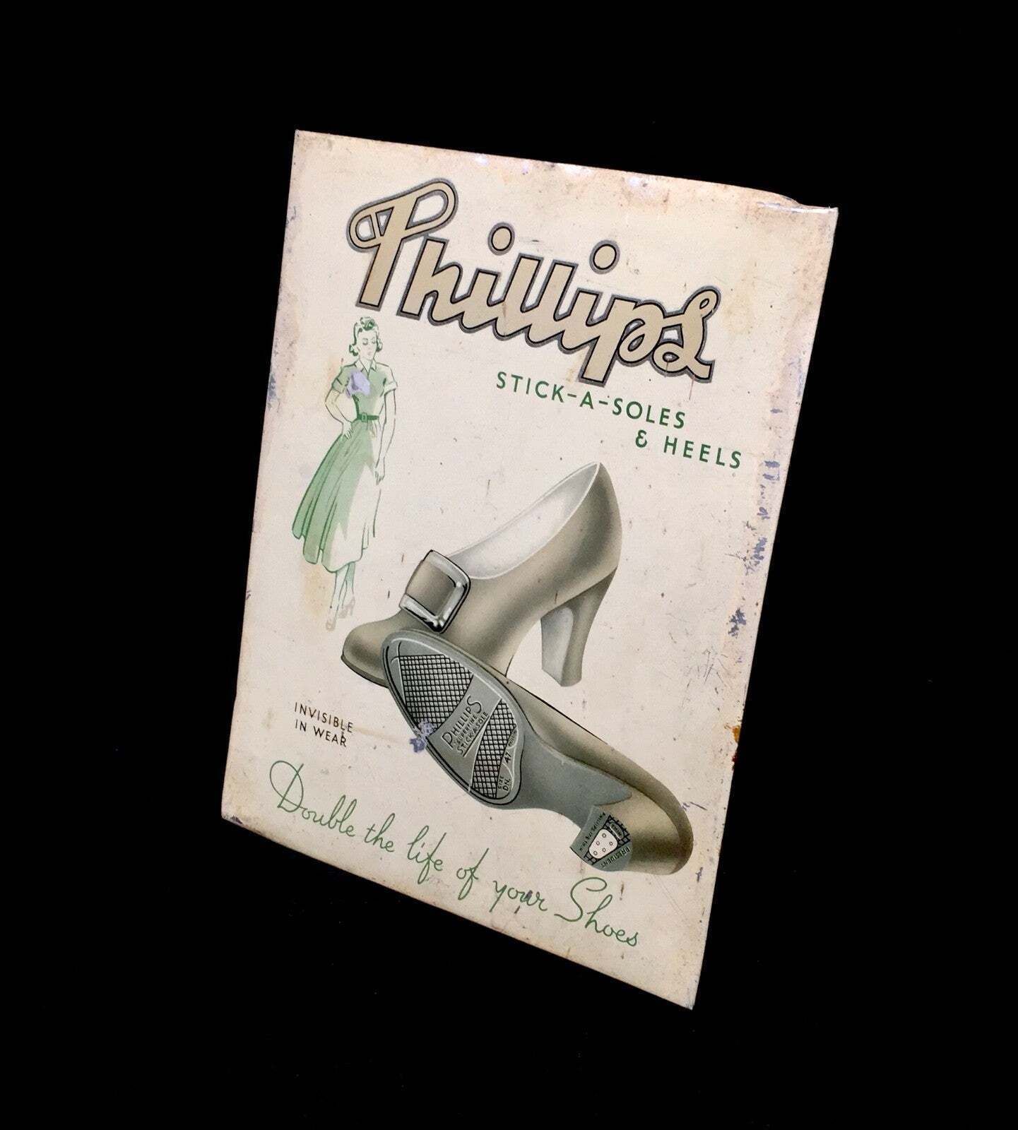 Antique Advertising Phillips Stick A Soles & Heels Showcard  Shoe Shop Sign photo furniture