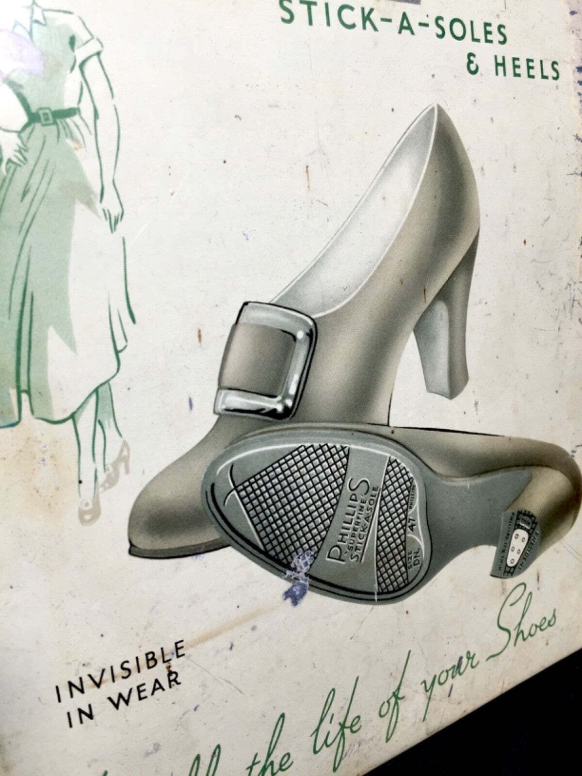 Antique Advertising Phillips Stick A Soles & Heels Showcard  Shoe Shop Sign photo 95.0
