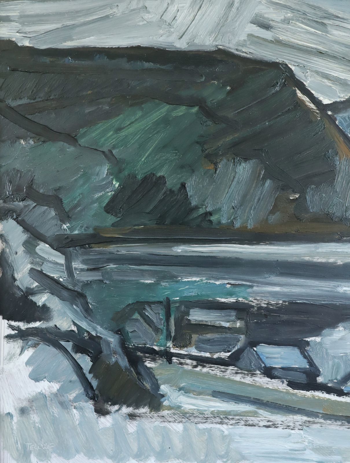 Winter Valley Oil Painting, Mid 20th Century photo vintage