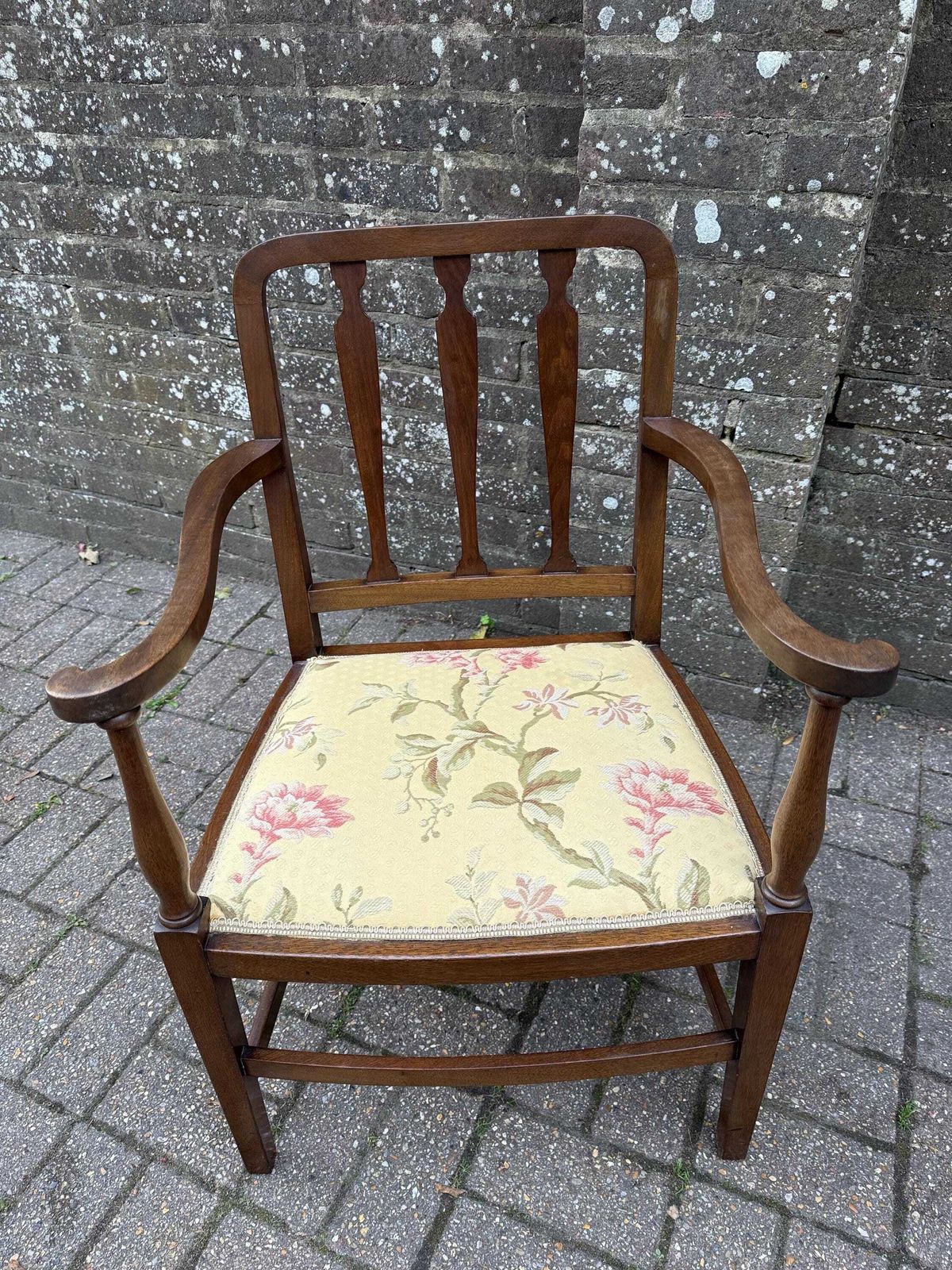 Antique 1920s  30s Edwardian Revival Mahogany Armchair With Floral Upholstery, Antique Carver Chair Early 1900s England photo furniture