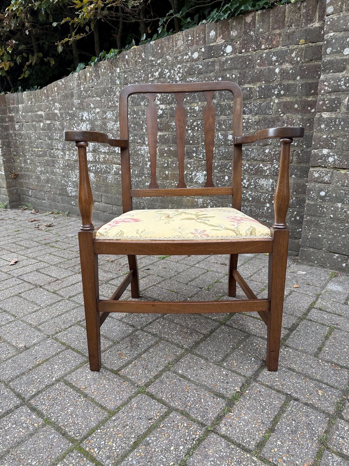 Antique 1920s  30s Edwardian Revival Mahogany Armchair With Floral Upholstery, Antique Carver Chair Early 1900s England photo Furniture