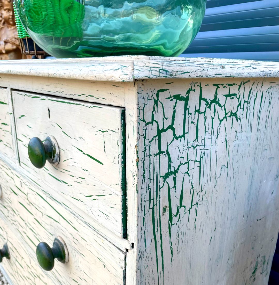 Antique Pine Crackle Glaze Painted Chest Of Drawers photo for sale