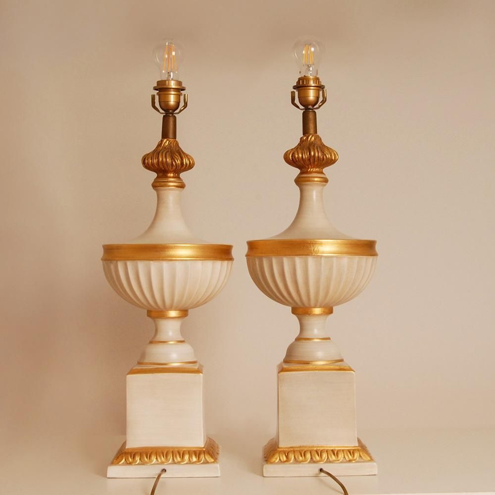 photo furniture Vintage French Table Lamps White And Gold Ceramic 1970s Vase Lamps Neoclassical
