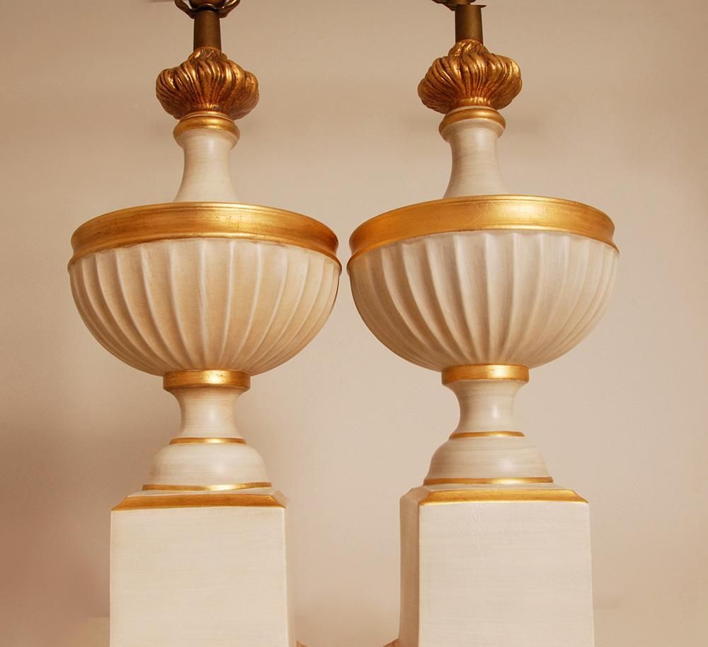 photo for sale Vintage French Table Lamps White And Gold Ceramic 1970s Vase Lamps Neoclassical