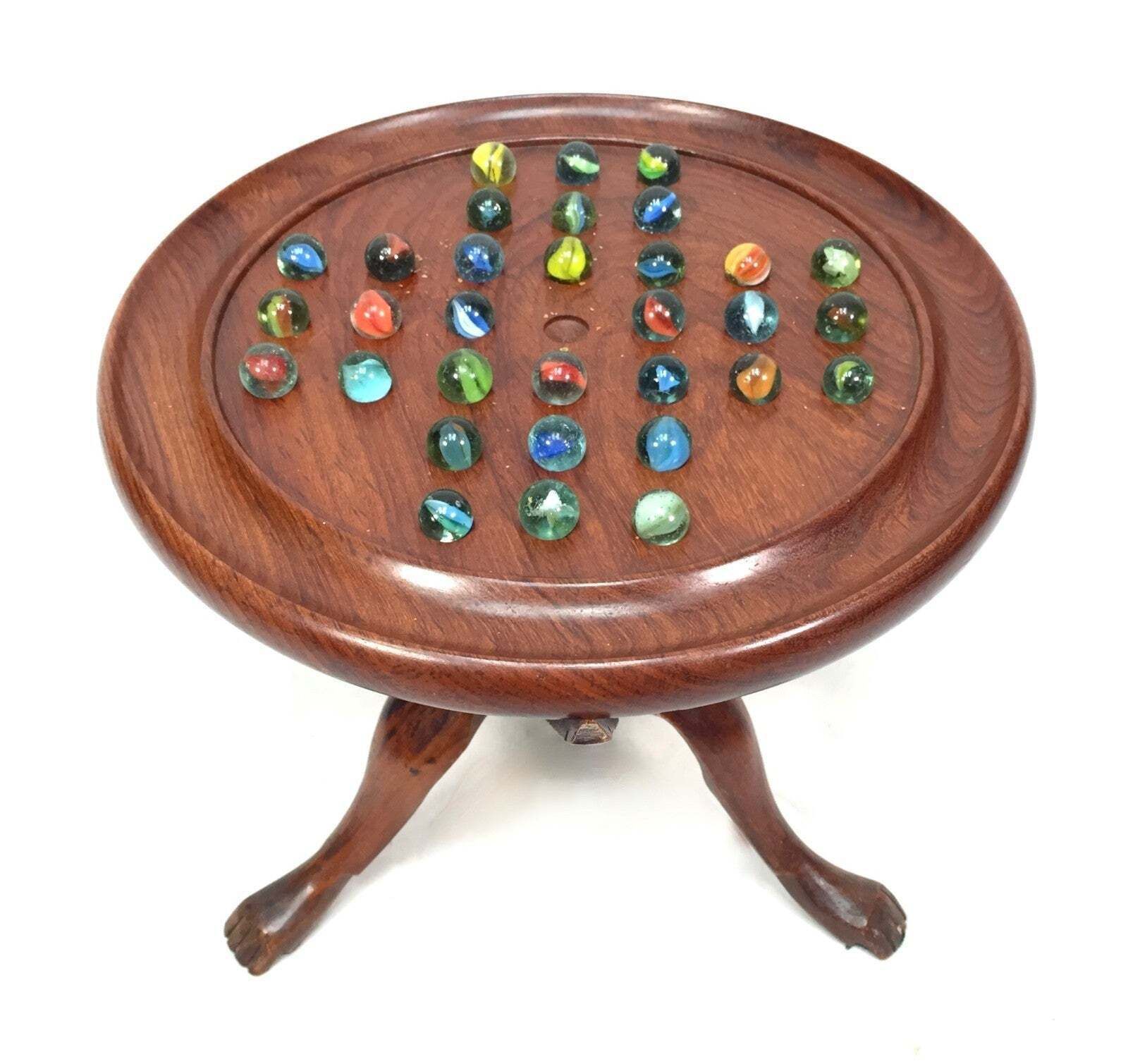 Wooden Solitaire Table Stand &Amp; &Nbsp;Glass Marble Set / Complete Antique 20th Century photo for sale