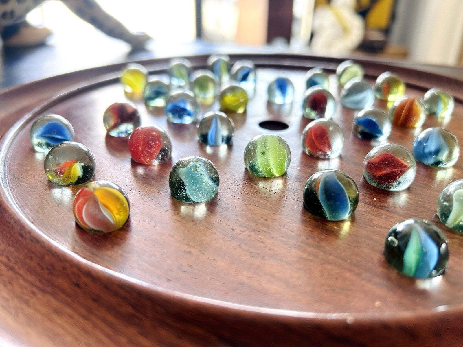 photo for sale Wooden Solitaire Table Stand &Amp; &Nbsp;Glass Marble Set / Complete Antique 20th Century