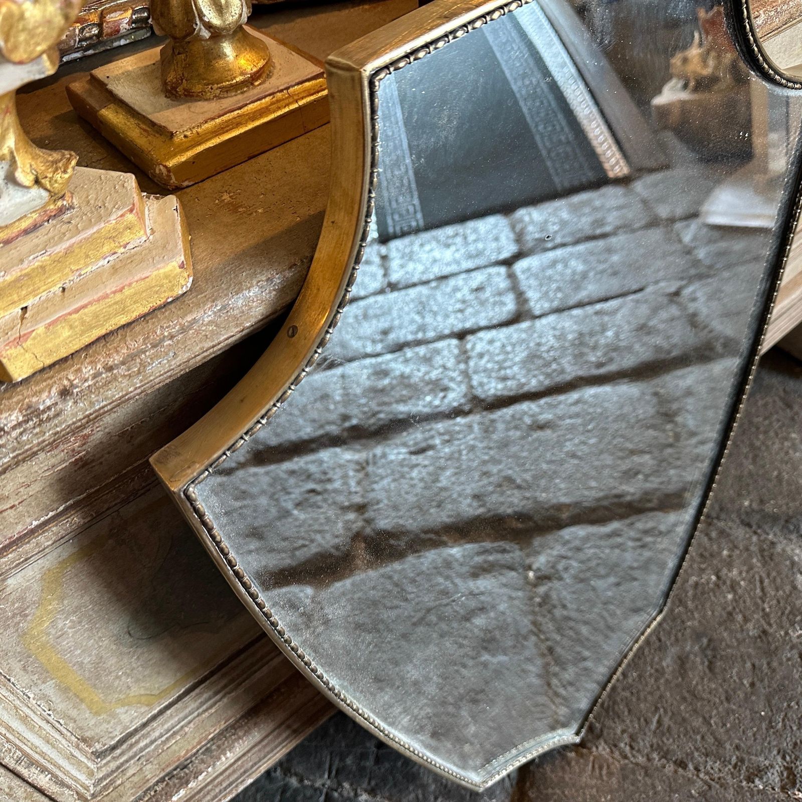 photo for sale 1960s Gio Ponti Style Mid Century Modern Brass Italian Shield Wall Mirror