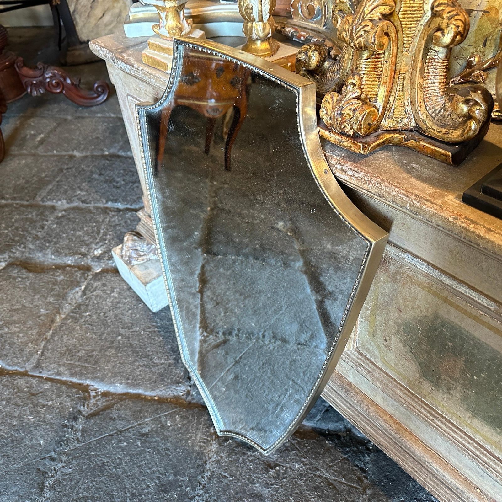 Home Decor 1960s Gio Ponti Style Mid Century Modern Brass Italian Shield Wall Mirror photo