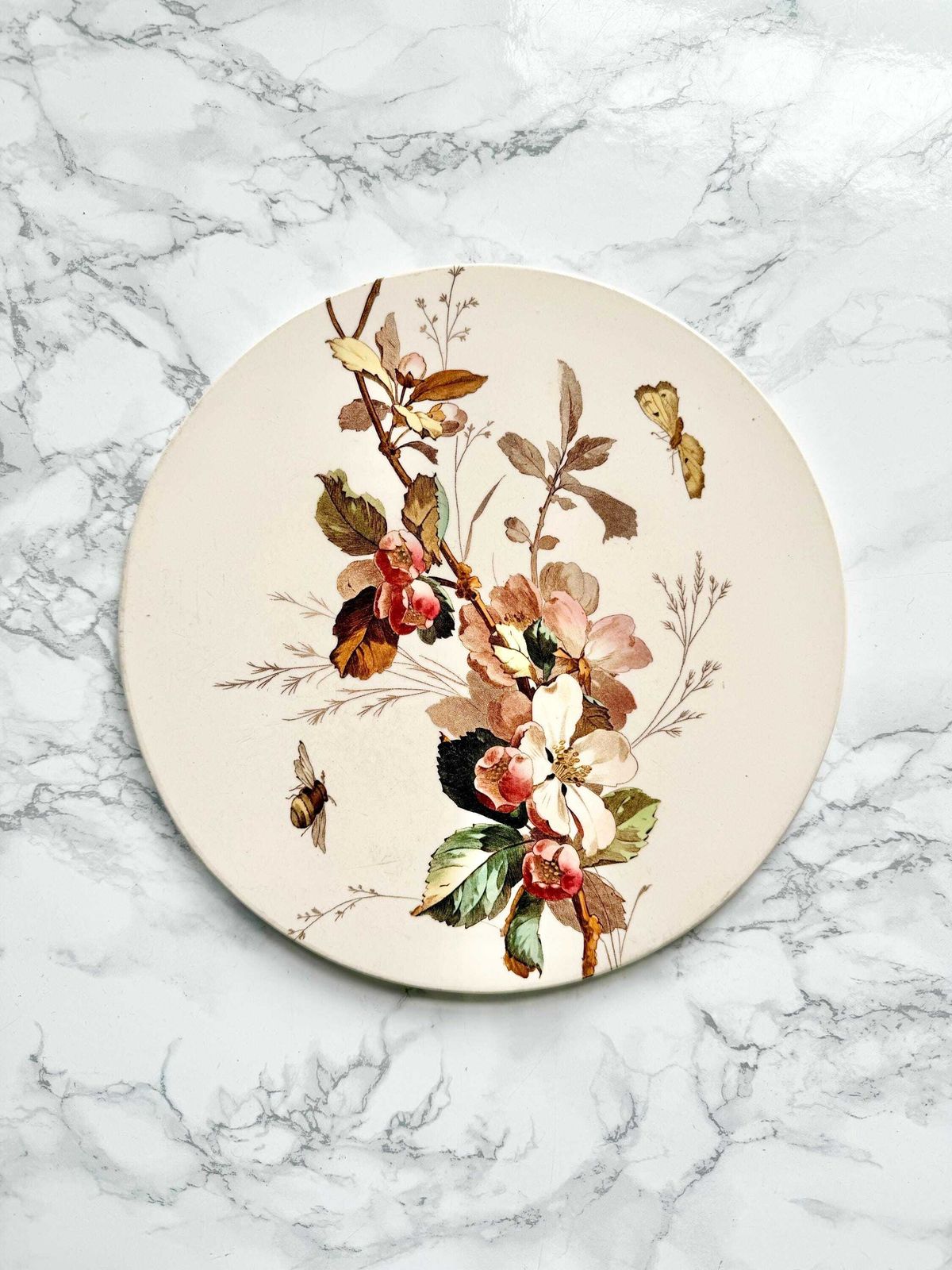 Antique Rare Victorian Hand Painted Ceramic Round Decor Delicate Apple Tree Flower Blossom Butterfly Bee Insect Highly Collectable