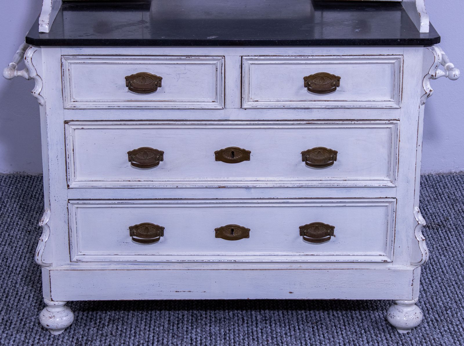 Antique White Pine Chest Of 4 Drawers With Marble Top And Mirror, Late 19th Century photo vinterior