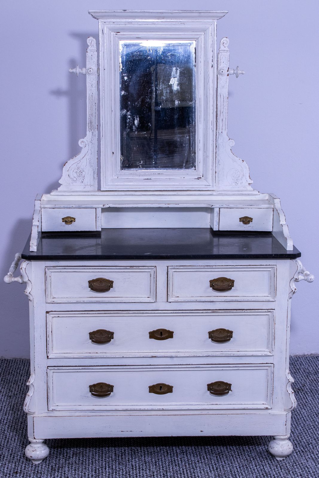 Antique White Pine Chest Of 4 Drawers With Marble Top And Mirror, Late 19th Century photo vintage