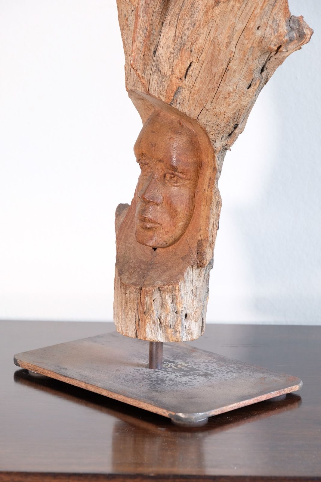 Primitive Carved Driftwood Folk Art Face Sculpture From Beachfound Wood photo for sale