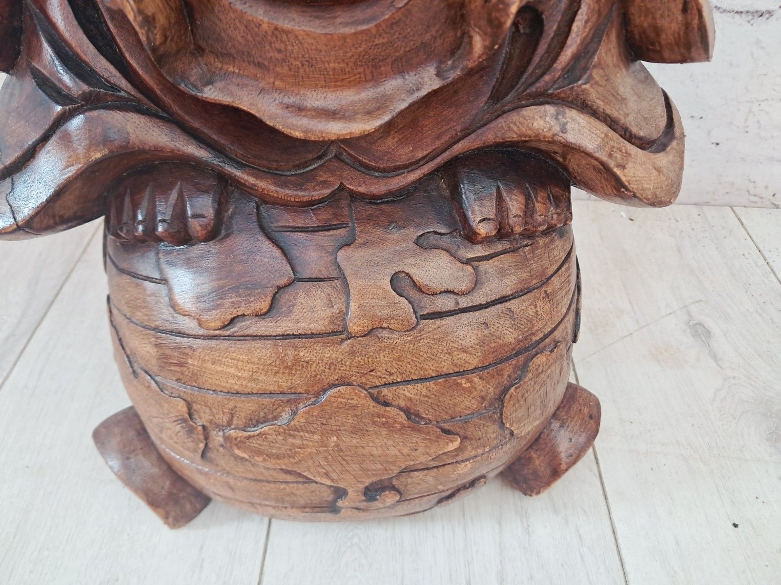 photo for sale Vintage Lucky Wooden Laughing Buddha Large Hand Carved On World Golden Nugget