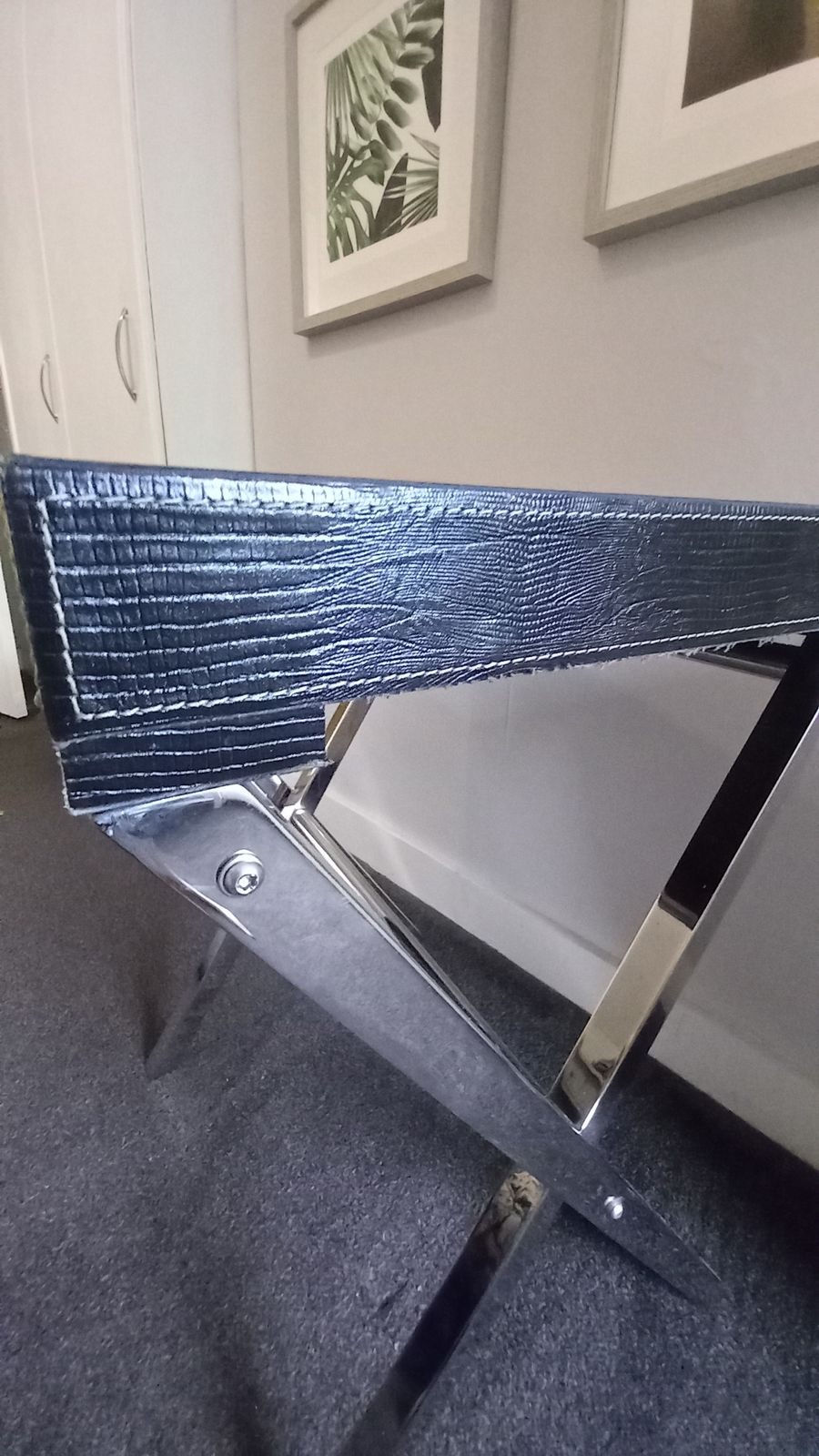 Side Table In Black Faux Crocodile Leather Patina With Chrome Crossover Legs photo furniture
