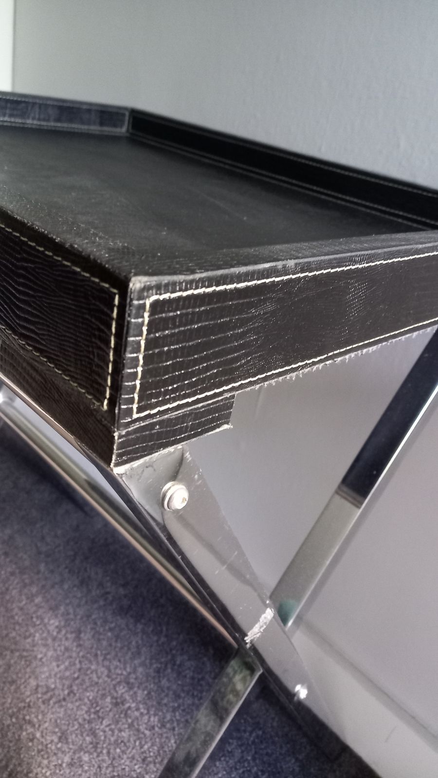 Side Table In Black Faux Crocodile Leather Patina With Chrome Crossover Legs photo buy