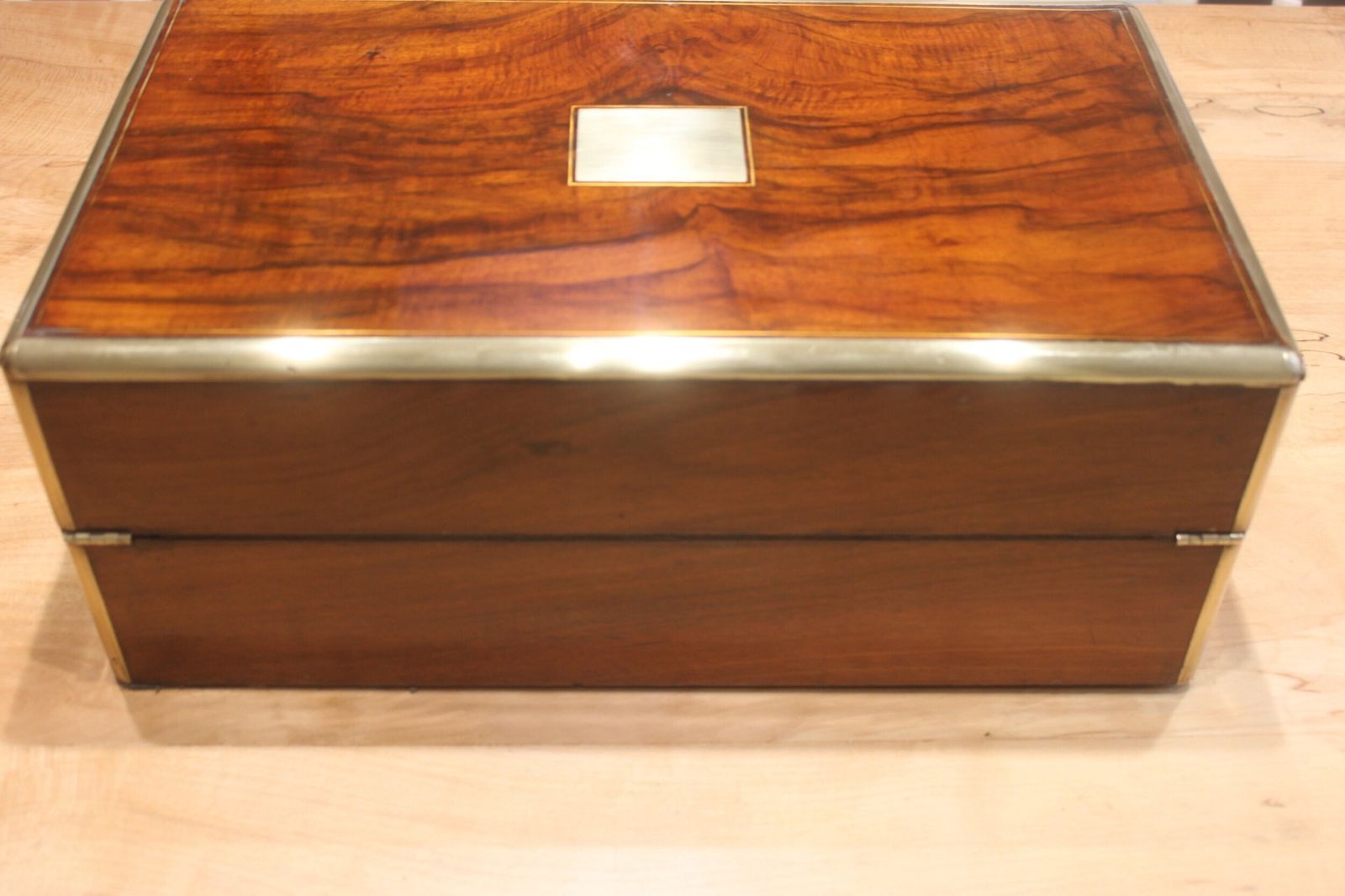 Victorian Walnut And Brass Bound Writing Slope With Bramah Lock, Key And Secret Drawers photo for sale