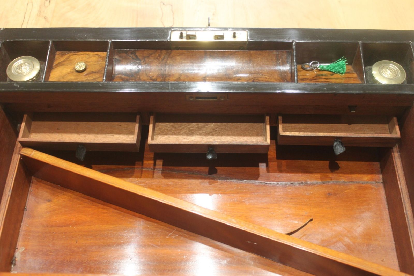 1165.0 Victorian Walnut And Brass Bound Writing Slope With Bramah Lock, Key And Secret Drawers photo