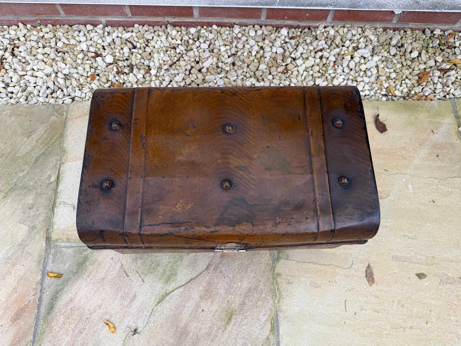 photo furniture Large Antique Metal Trunk, Steamer Trunk, Vintage Rustic Metal Storage Box