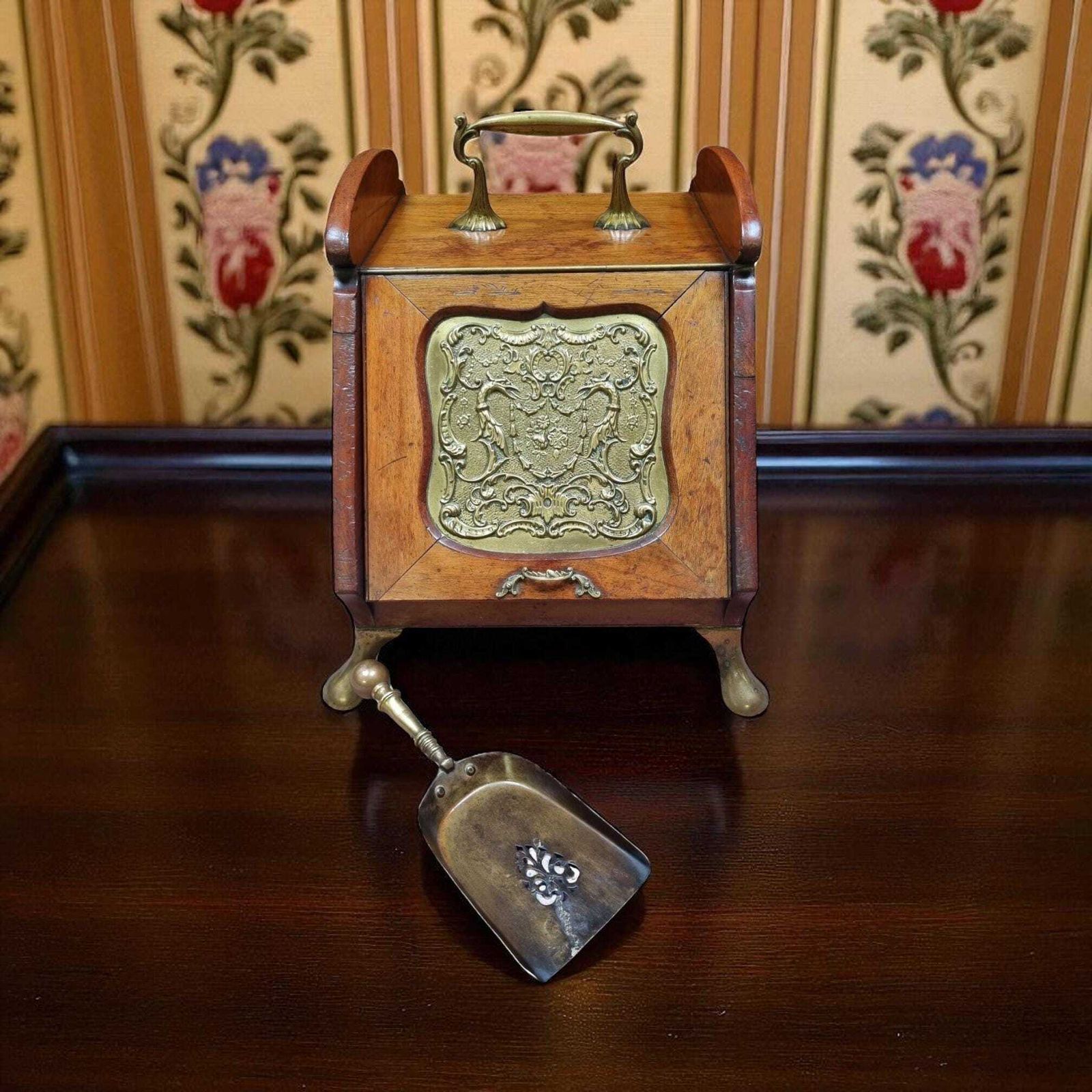Antique Coal Scuttle With Original Liner And Shovel / C.1900 photo furniture