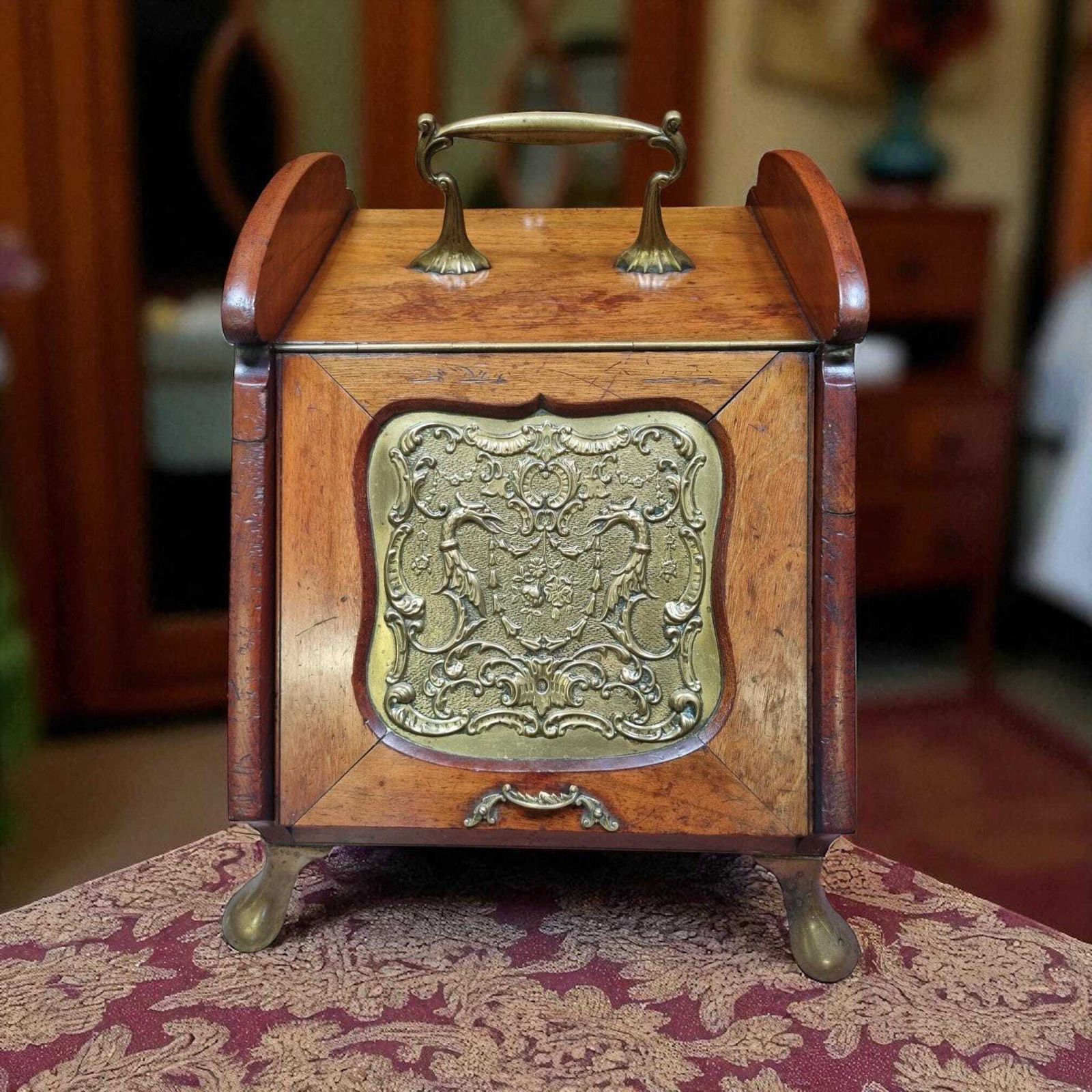 Antique Coal Scuttle With Original Liner And Shovel / C.1900 photo for sale