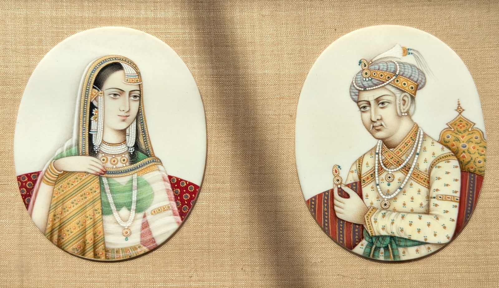 Antique Set Of Six Indian Hand Painted Mughal Portraits Showing Emperors And Their Wives photo furniture