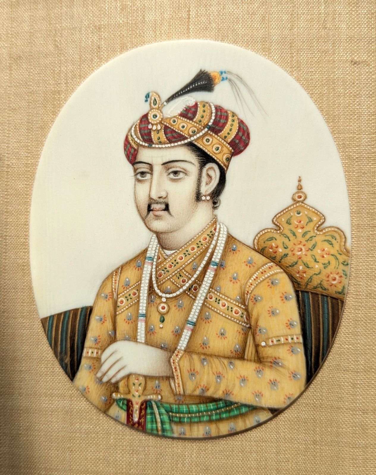 Antique Set Of Six Indian Hand Painted Mughal Portraits Showing Emperors And Their Wives photo vinterior