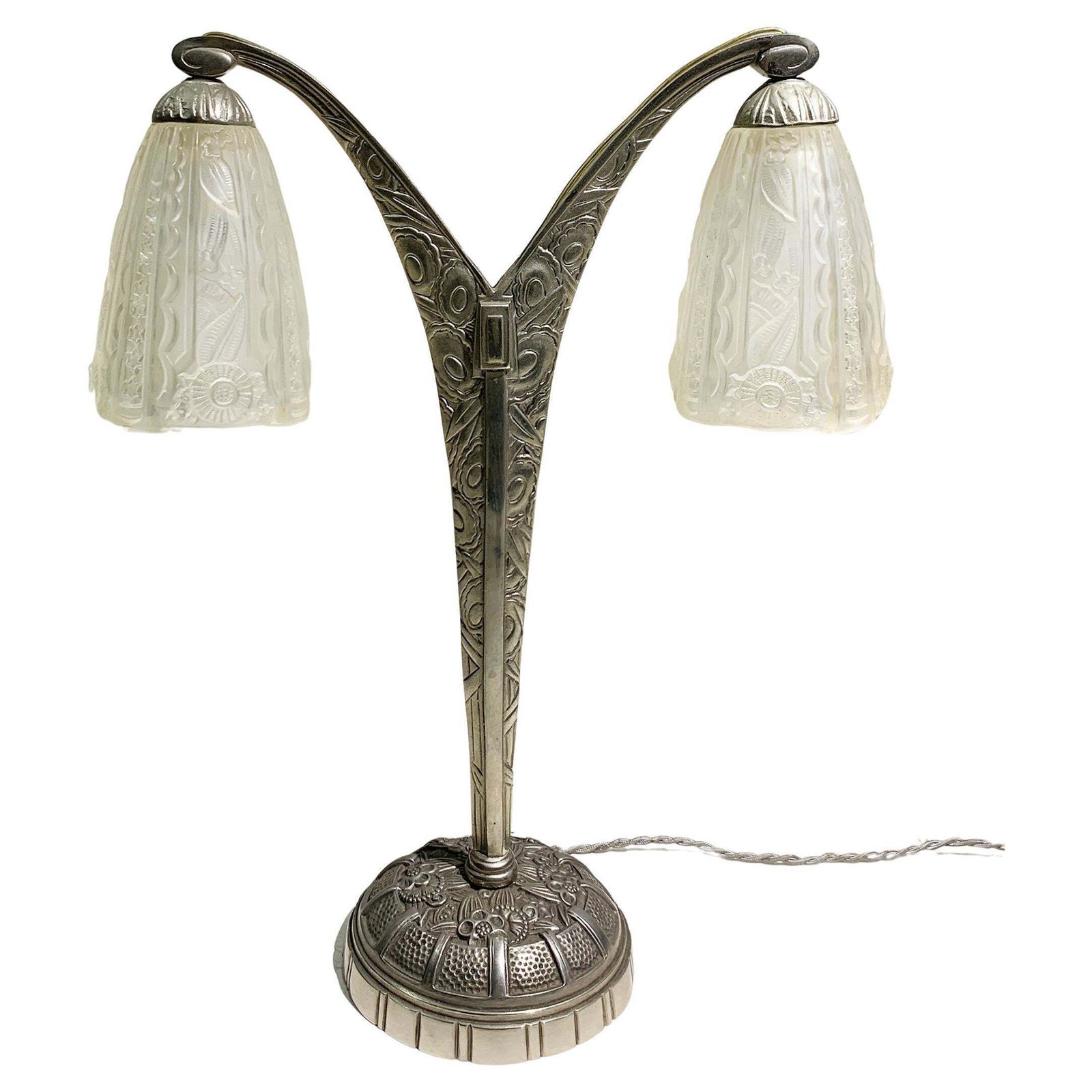 Art Deco Double Arm Table Lamp In Press Molded Glass/Nickeled Bronze, Circa 1930