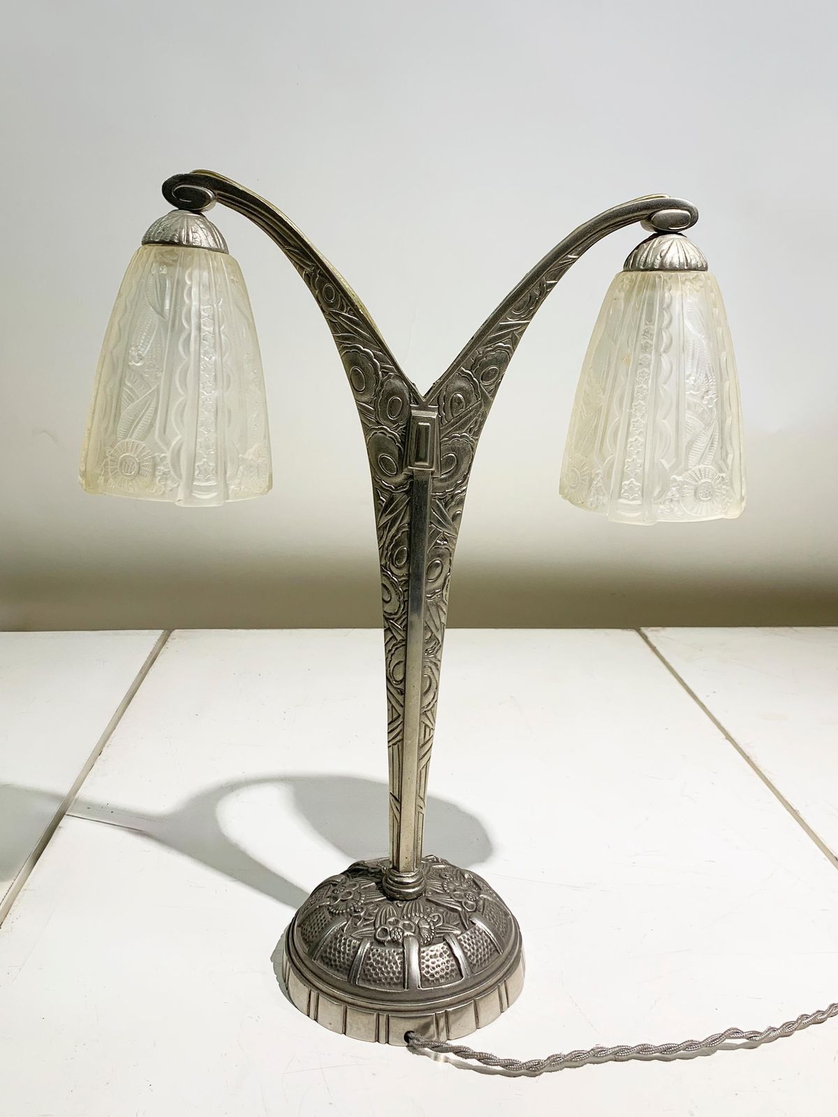 Art Deco Double Arm Table Lamp In Press Molded Glass/Nickeled Bronze, Circa 1930 photo 1224.0