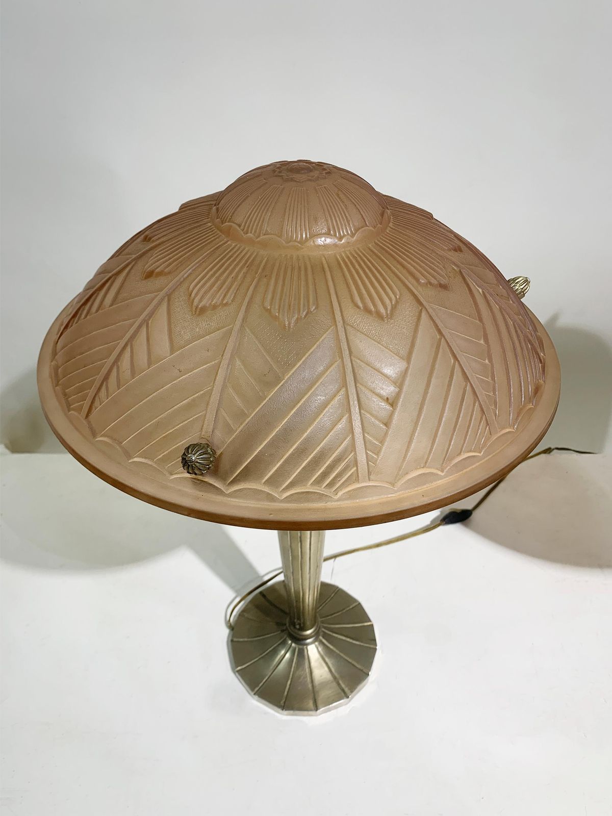 Pair Of French Art Deco Table Lamps In Pink Press Molded Glass, Circa 1930 photo 3747.0