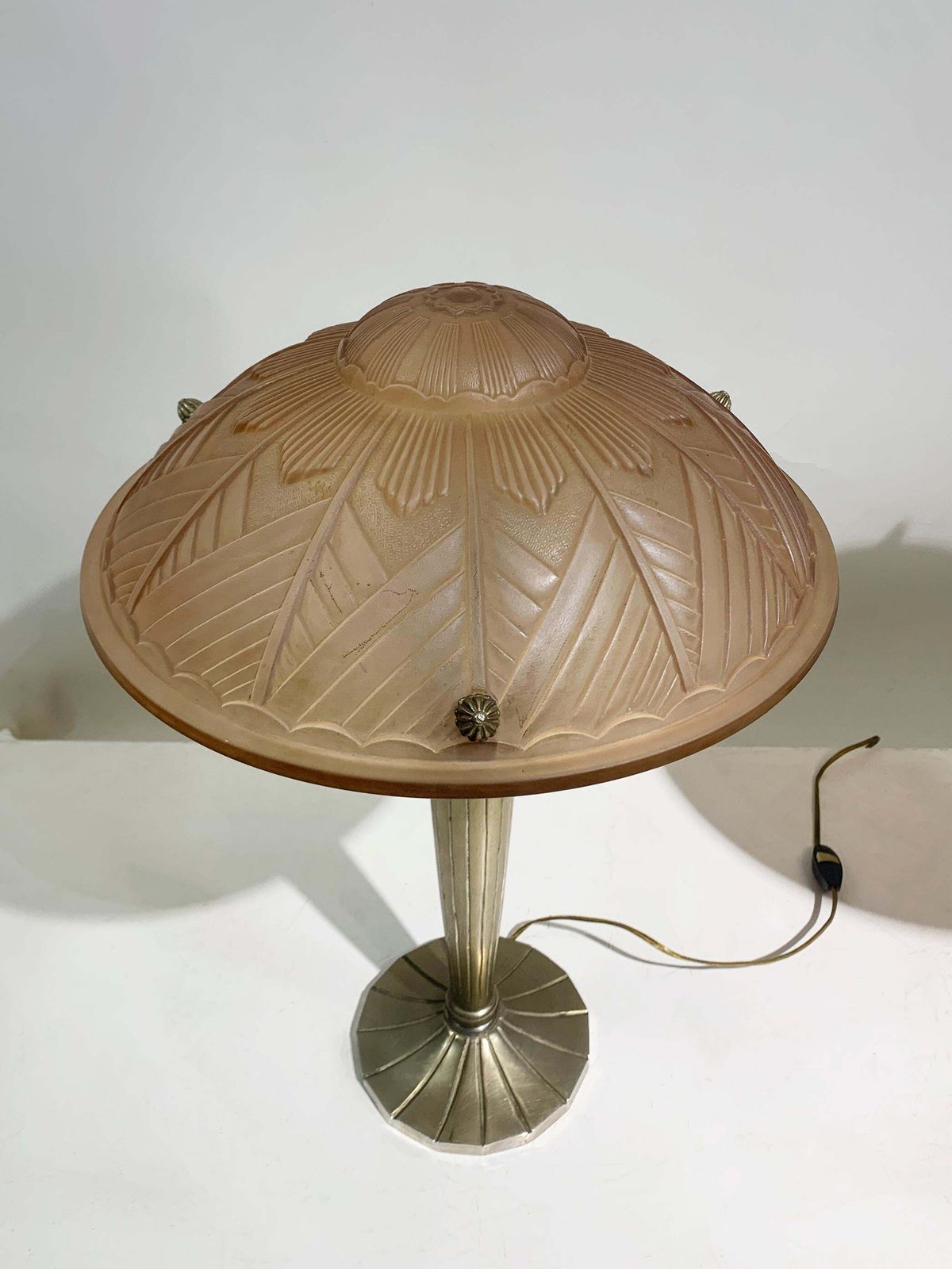 Pair Of French Art Deco Table Lamps In Pink Press Molded Glass, Circa 1930 photo buy
