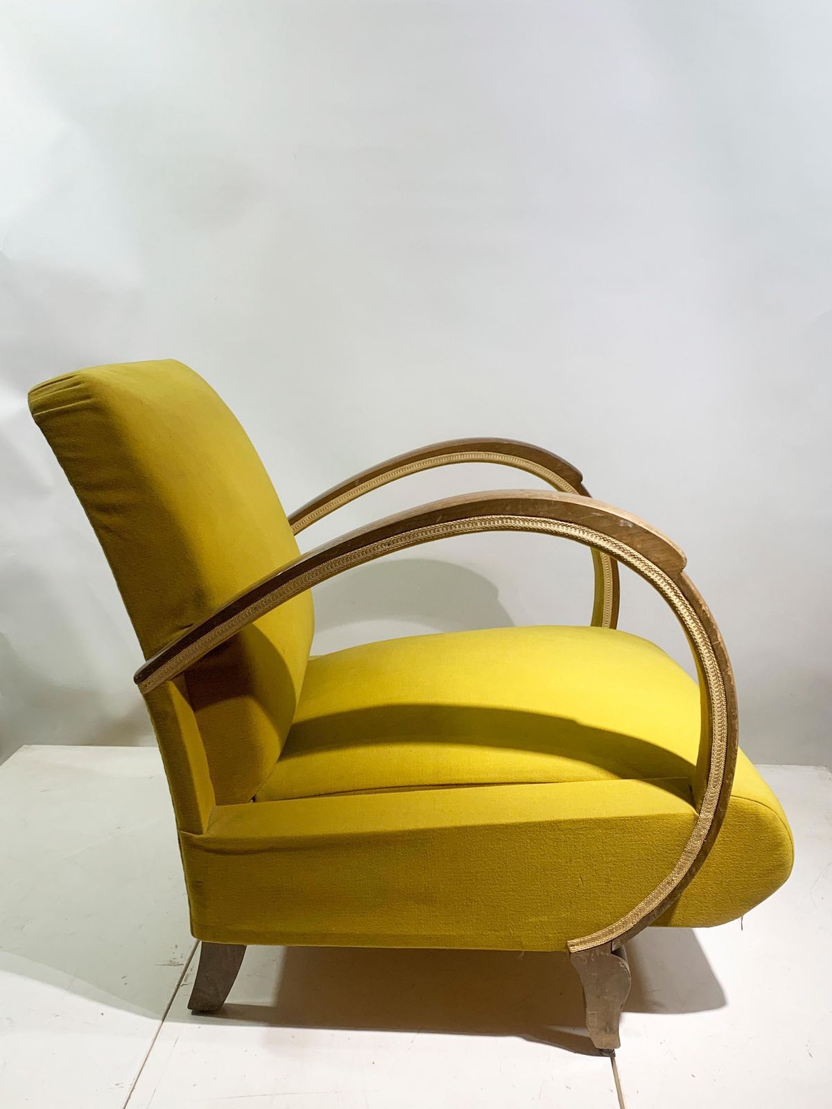 Mid 20th Century Art Deco Lounge Chair, In Bentwood/Yellow Green Fabric, 1930's photo vinterior