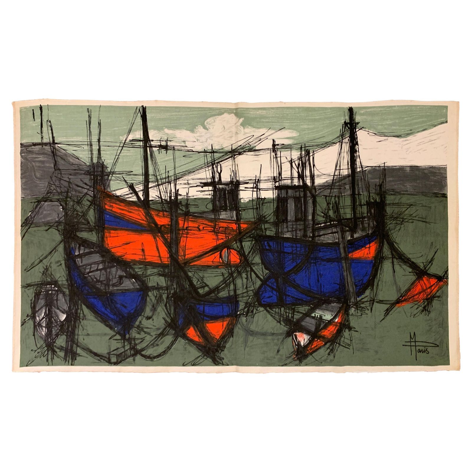 Mid 20th Century "Les Bateux" Tapestry  Printed On Canvas  "Henri Duprez Et Cie"