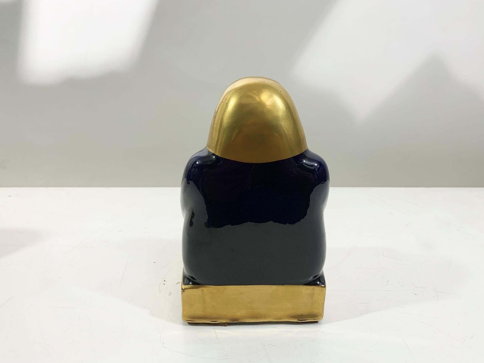 photo for sale Mid 20th Century French Egyptian Revival Ceramic Bookends In Deep Navy/Goldcolor