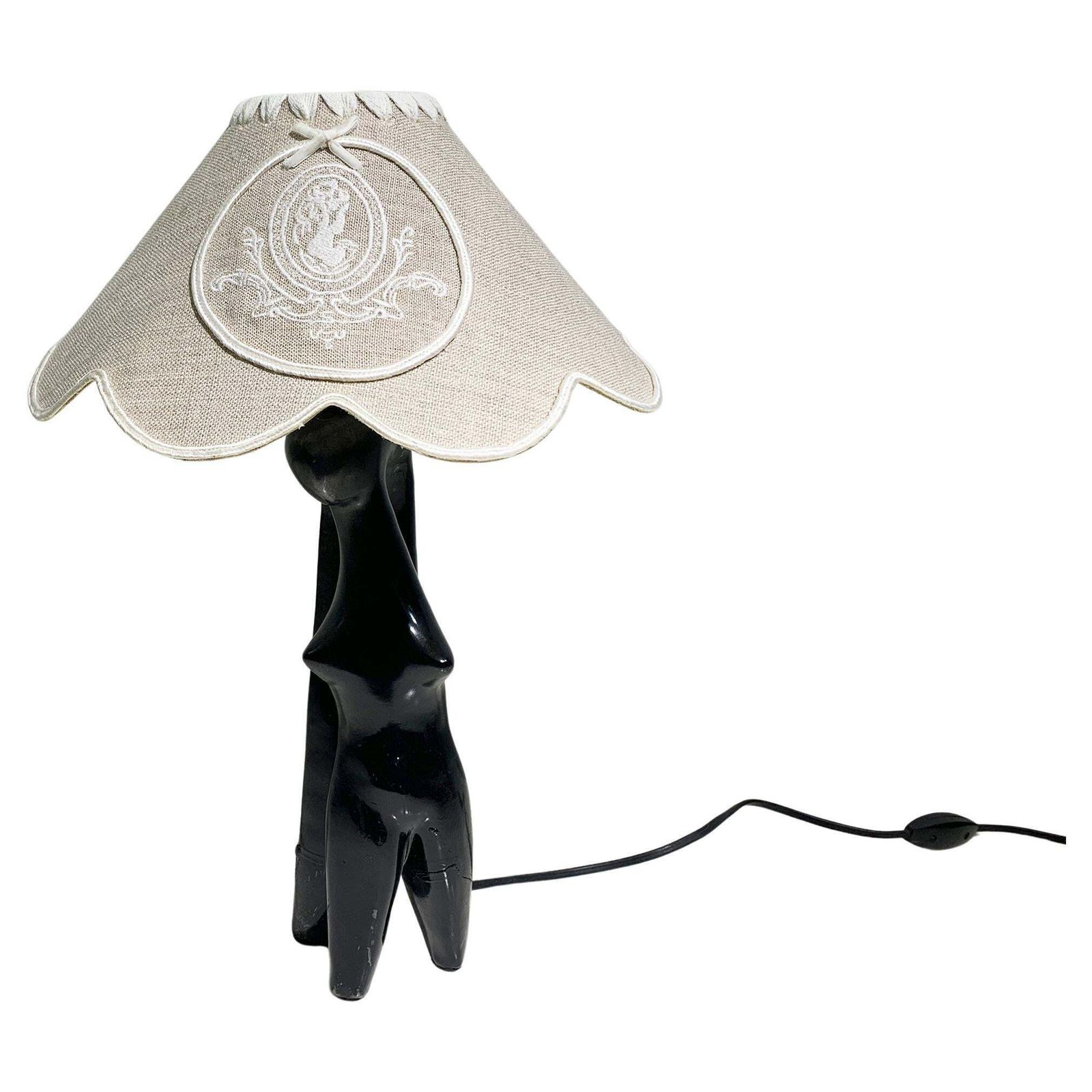 Art Deco Stylized Woman Figure Sculptural Table Lamp In Black Terracotta, France