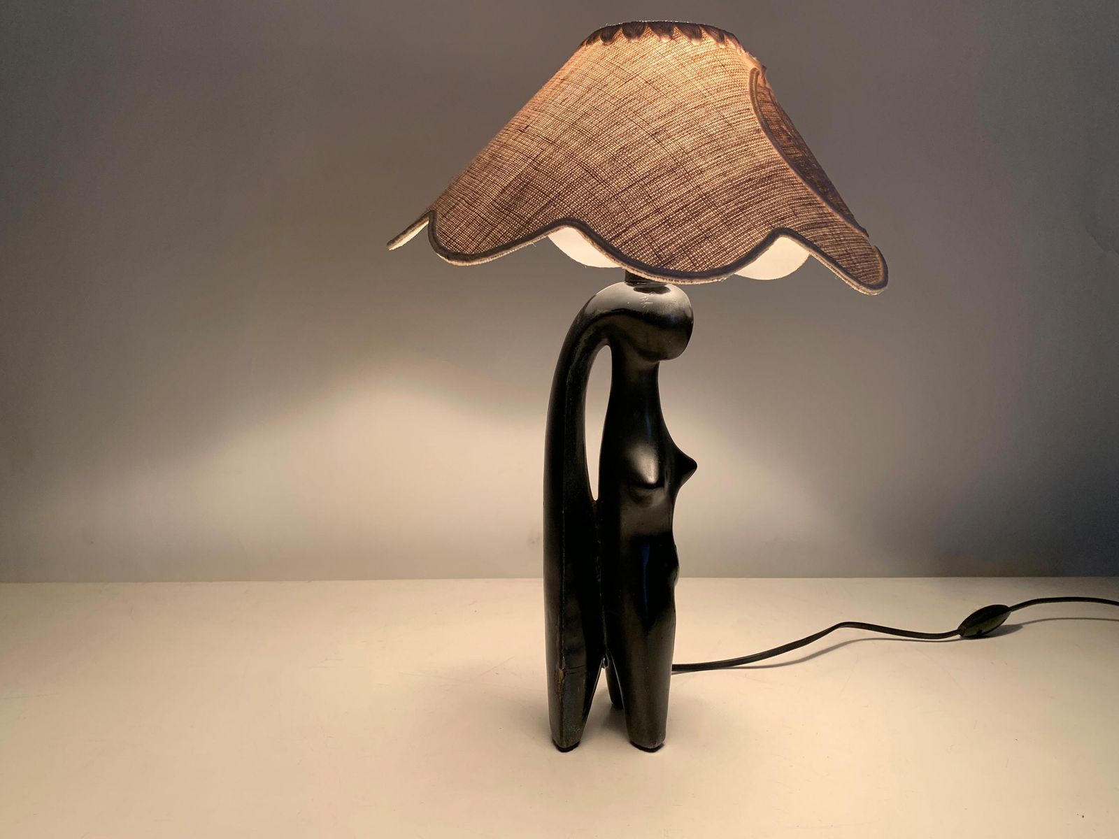 669.0 Art Deco Stylized Woman Figure Sculptural Table Lamp In Black Terracotta, France photo