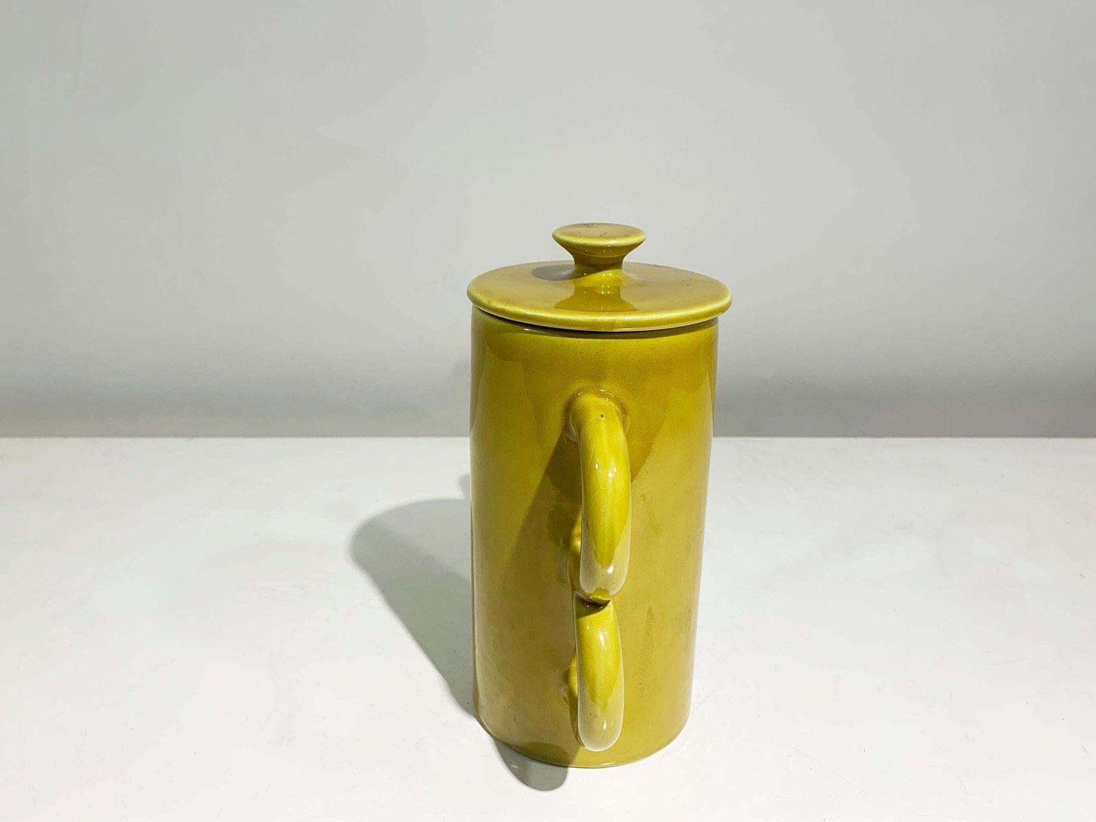 Art Deco Enameled Ceramic Teapot Mustard With Sculptural Double Handle, Italy photo vintage