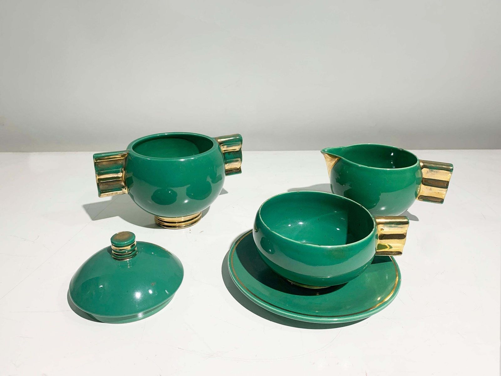French Art Deco Tea Service Set, Gold & Green Glazed Porcelain Marked Robj Paris photo for sale