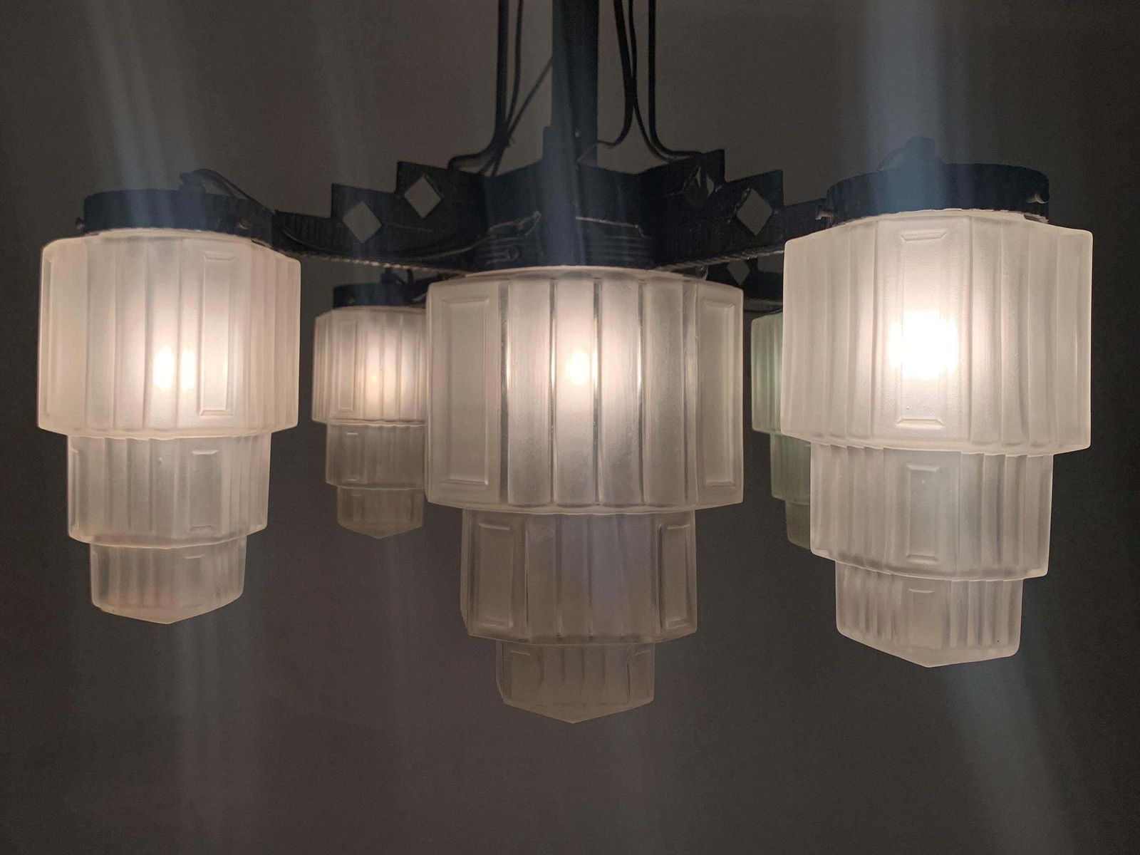 French Art Deco Skyscraper Chandelier In Wrought Iron And Glass, Circa 1920's photo vintage