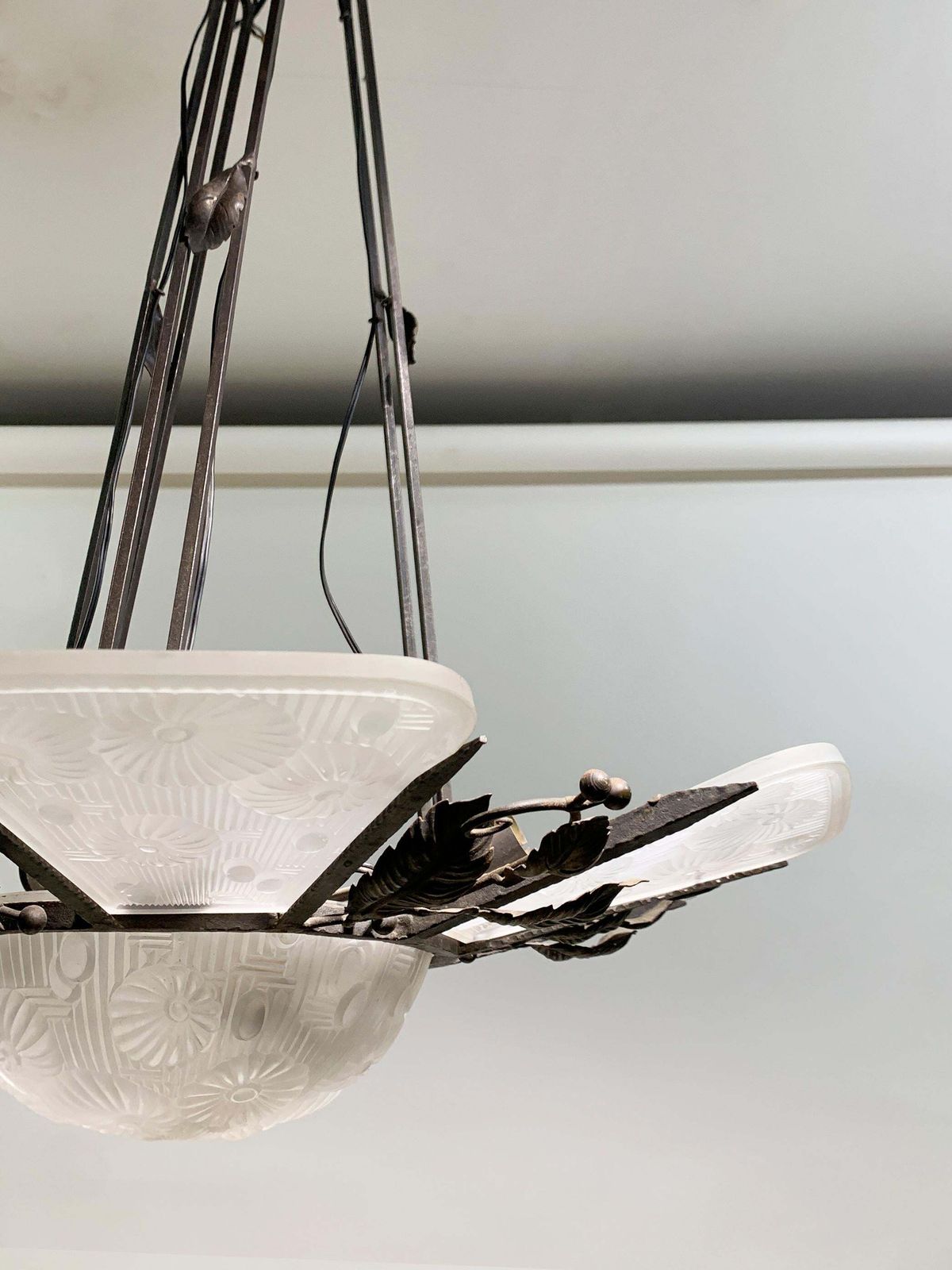 photo furniture French Art Deco Chandelier In Wrought Iron And Press Molded Glass, Circa 1930's