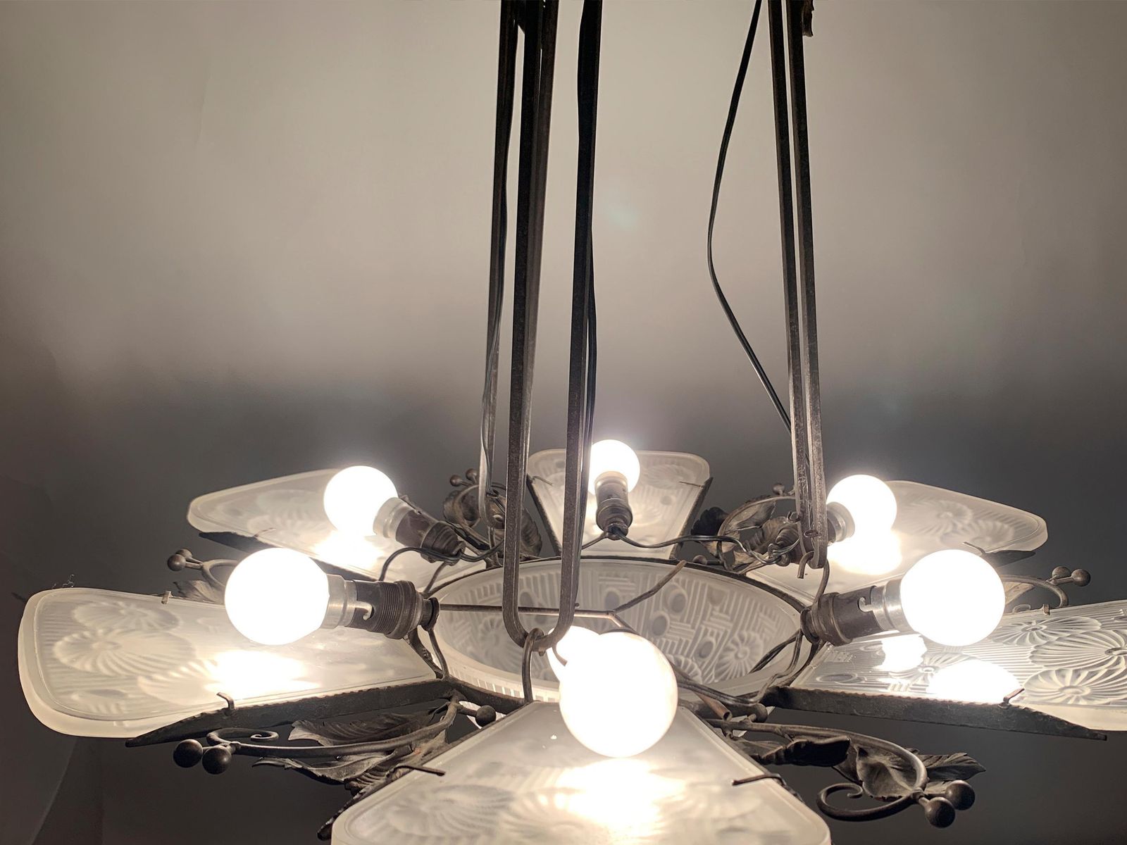 photo buy French Art Deco Chandelier In Wrought Iron And Press Molded Glass, Circa 1930's