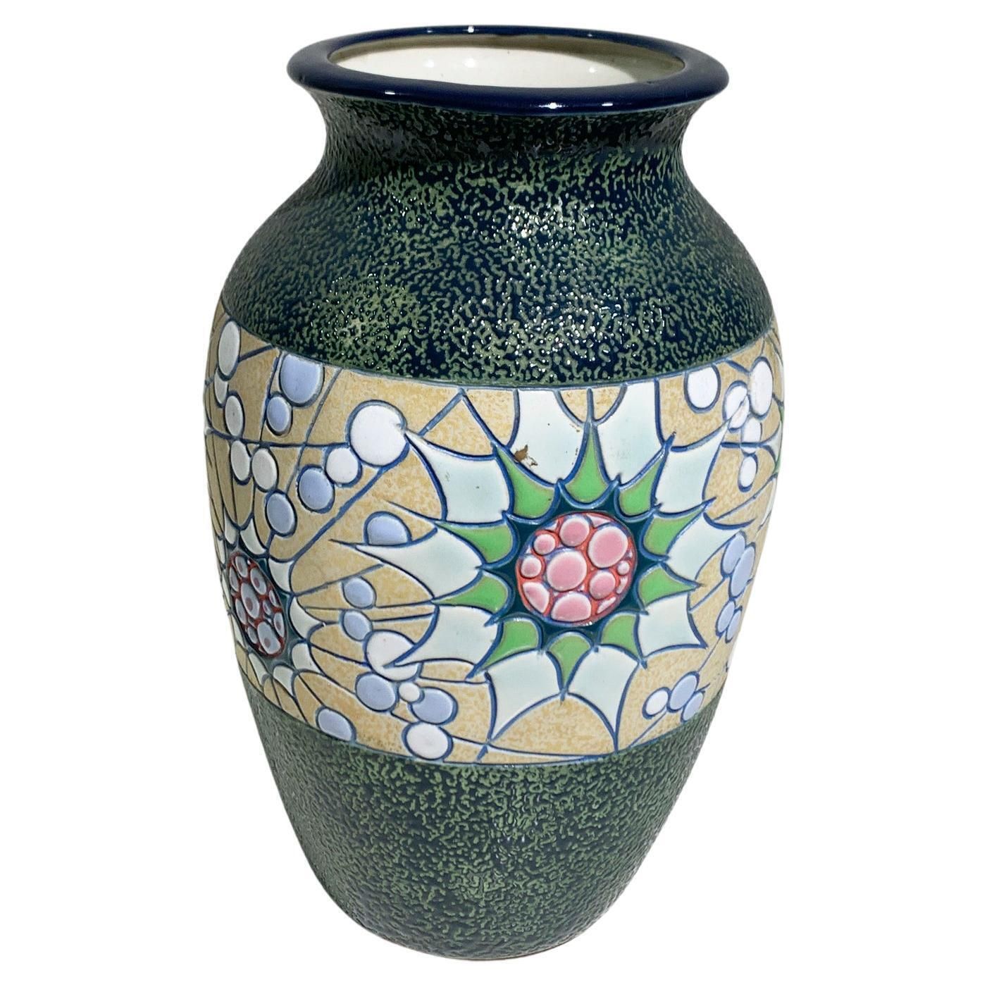 Hand Painted Ceramic Vase  Floral Motif/Textured Finish, Signed,  Circa 1930's