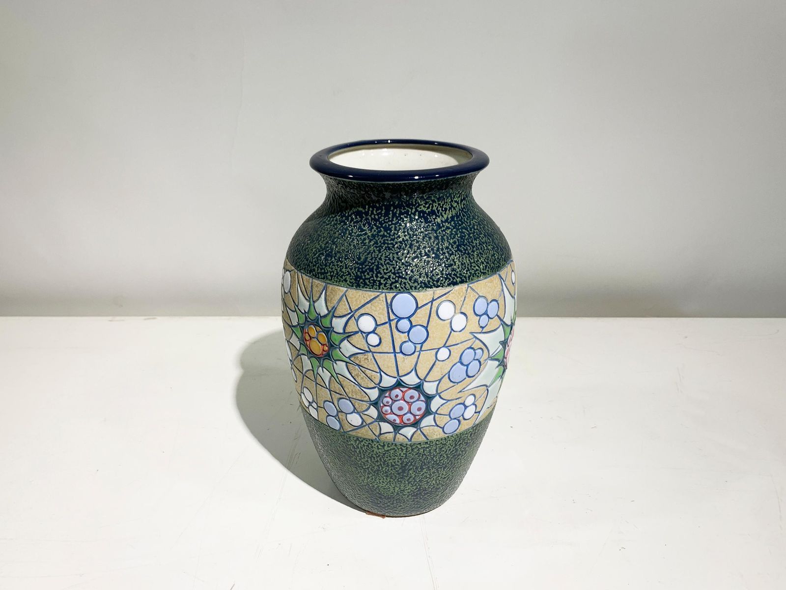 Hand Painted Ceramic Vase  Floral Motif/Textured Finish, Signed,  Circa 1930's photo for sale