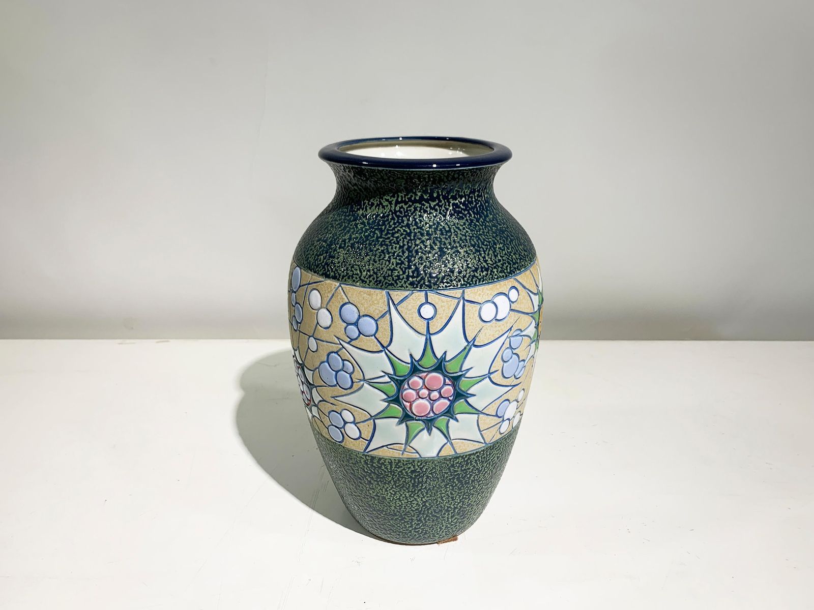 Hand Painted Ceramic Vase  Floral Motif/Textured Finish, Signed,  Circa 1930's photo Home Decor
