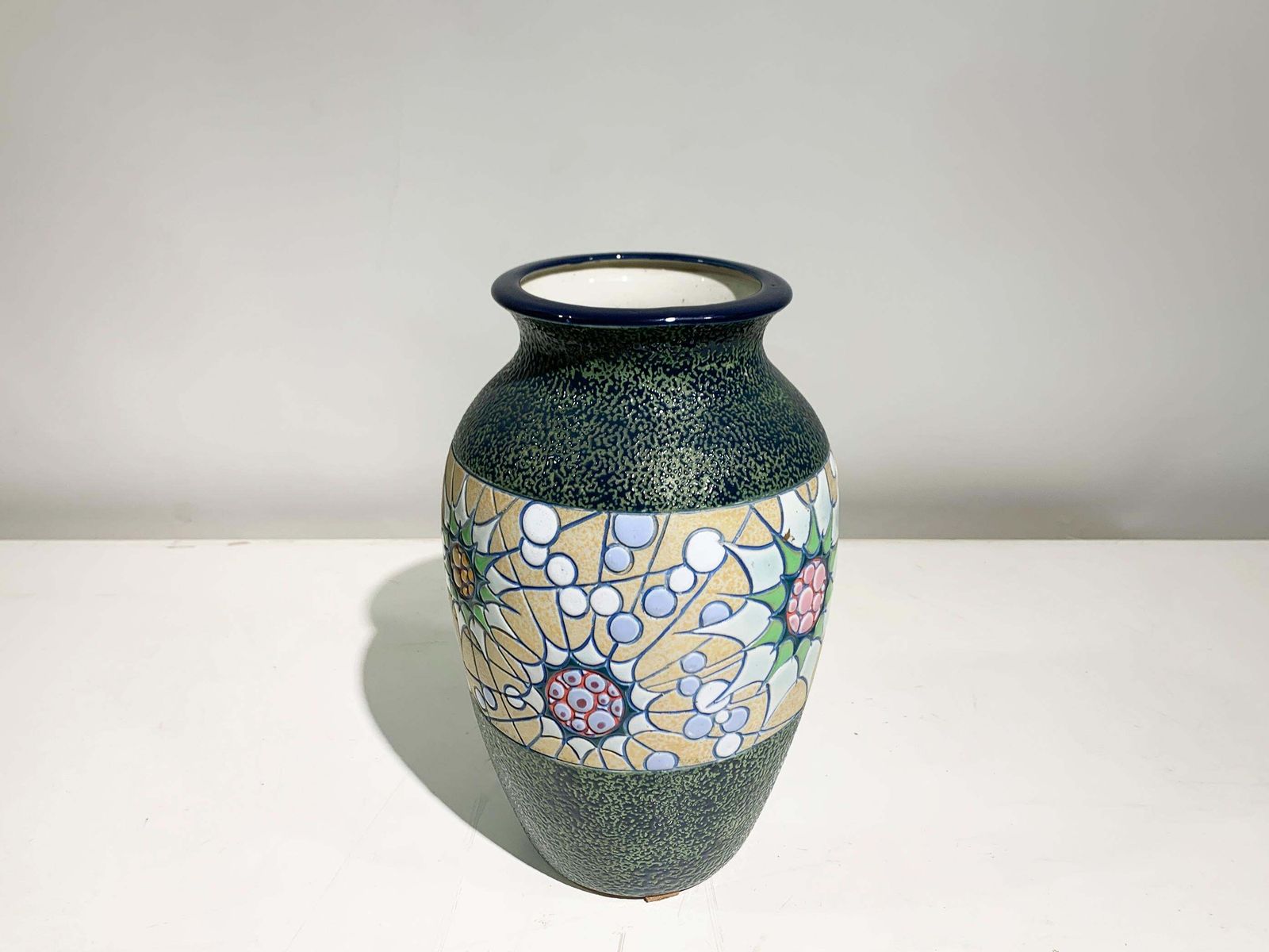 Hand Painted Ceramic Vase  Floral Motif/Textured Finish, Signed,  Circa 1930's photo vinterior